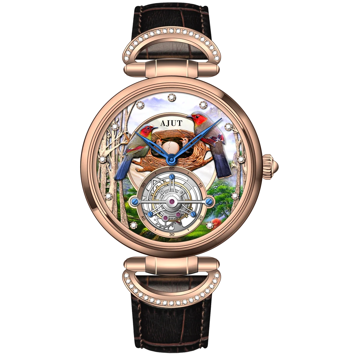 Men's Luxury Tourbillon Mechanical Watch with Embossed Bird's Nest Design and Real Diamond Inlays on Italian Leather Strap
