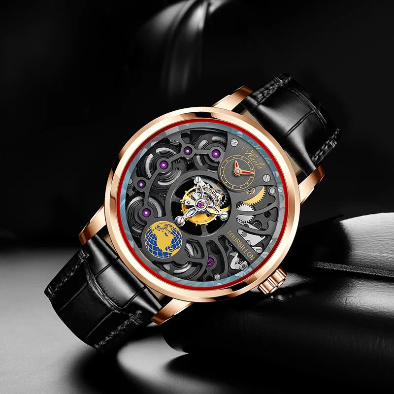 Haofa Men'S Watch Skeleton Tourbillon Rotating Earth 316 Stainless Steel Alligator Leathe Four-Spring Drive 120 Hours Power 1938
