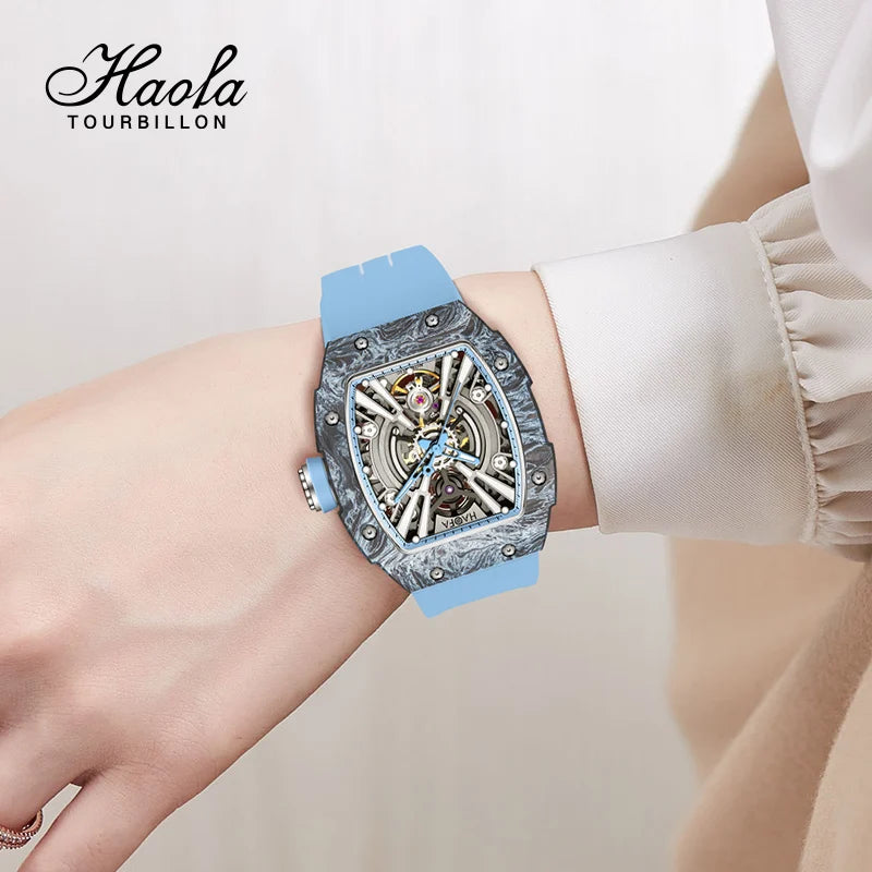 Haofa Ladies Watch 3D Skeleton Mechanical Ark Series Luminous Women Trendy Sport Watch Carbon Fiber Case 60H Power Storage 1906L