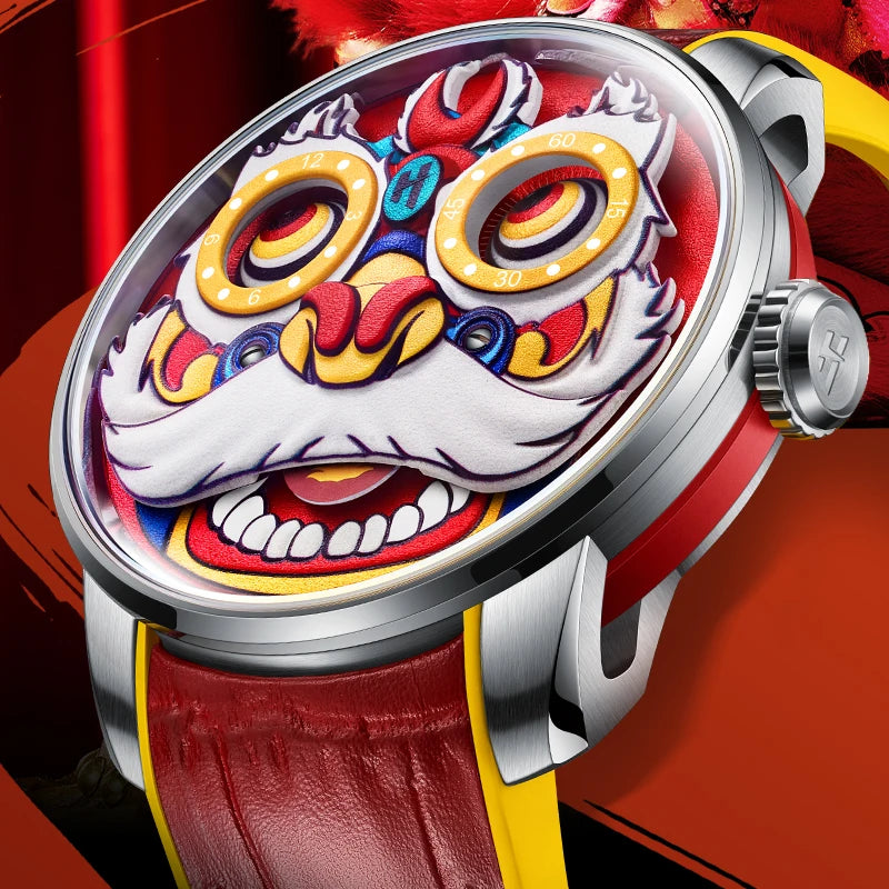 Automatic Mechanical Watches for Men Chinese Traditional Lion Dial Sapphire Waterproof Luminous Cartoon Wristwatch