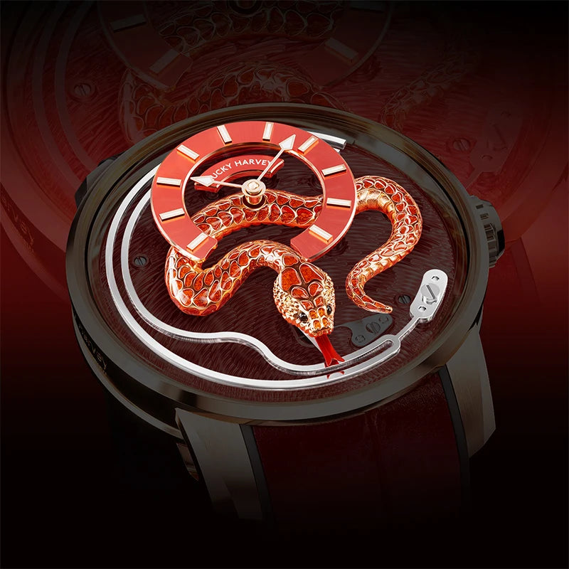 Limited Edition Enamel Craft Automatic Mechanical Watch for Men - 3D Carved Snake with Sapphire Luminous Features