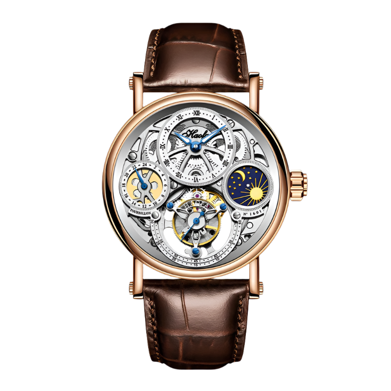 Haofa Skeleton Tourbillon Watch Man Mechanical Hollow Luminous Day and Night Painted Arabic Numerals Carve Luxury Leather 1601