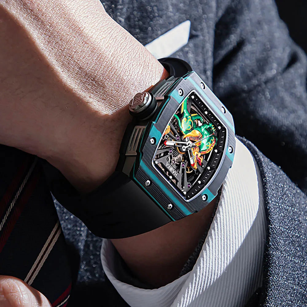 Haofa Automatic Movement Mechanical Watch Man 3D Brave Troops Chinese Style Hollow Skeleton Carbon Fiber Luminous Hardcore 1972