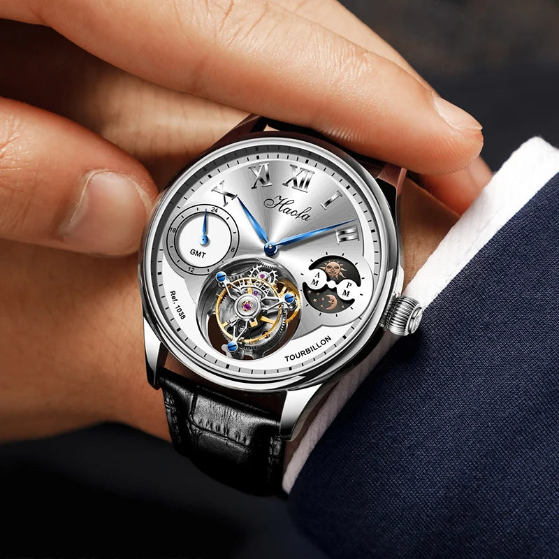 Haofa Luxury Manual Flying Tourbillon Mechanical Men'S Watch Sapphire Moon Phase Watches for Men Casual Business Wristwatch 1038
