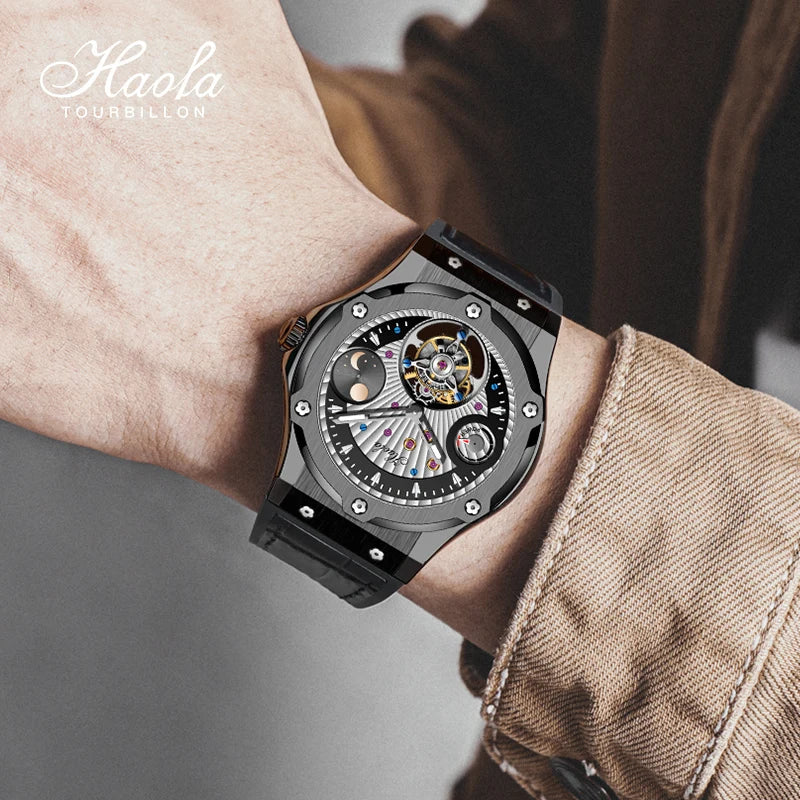 Haofa Mechanical Wristwatch Flying Tourbillon Day and Night Power Dial Sapphire Manual Business Waterproof Watch Luxury Men 1915