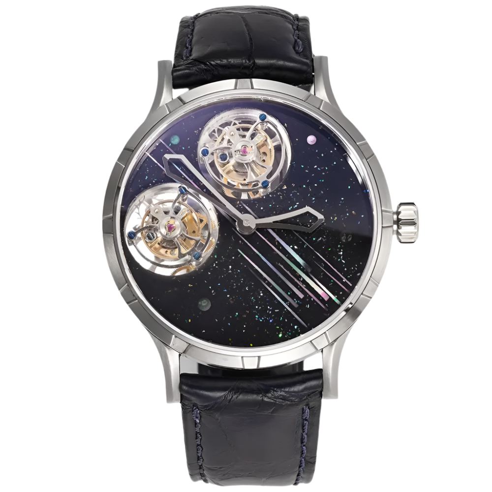 Luxury Double Tourbillon Men'S Watches 45Mm Lacquer Mother-Of-Pearl Gemstone Dial Shanghai Customized Carved Movement