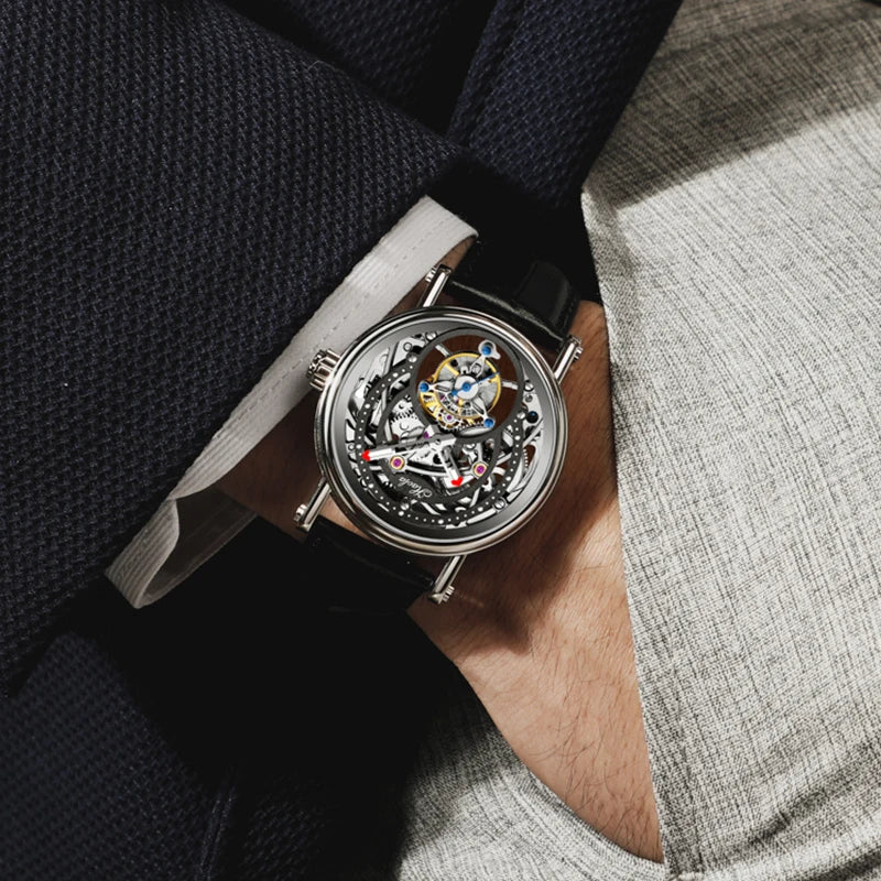 Haofa Manual Winding 3D Hollow Engraving Movement Flying Tourbillon Mechanical Watch Waterproof Elegant Leather Men'S Watch 1603