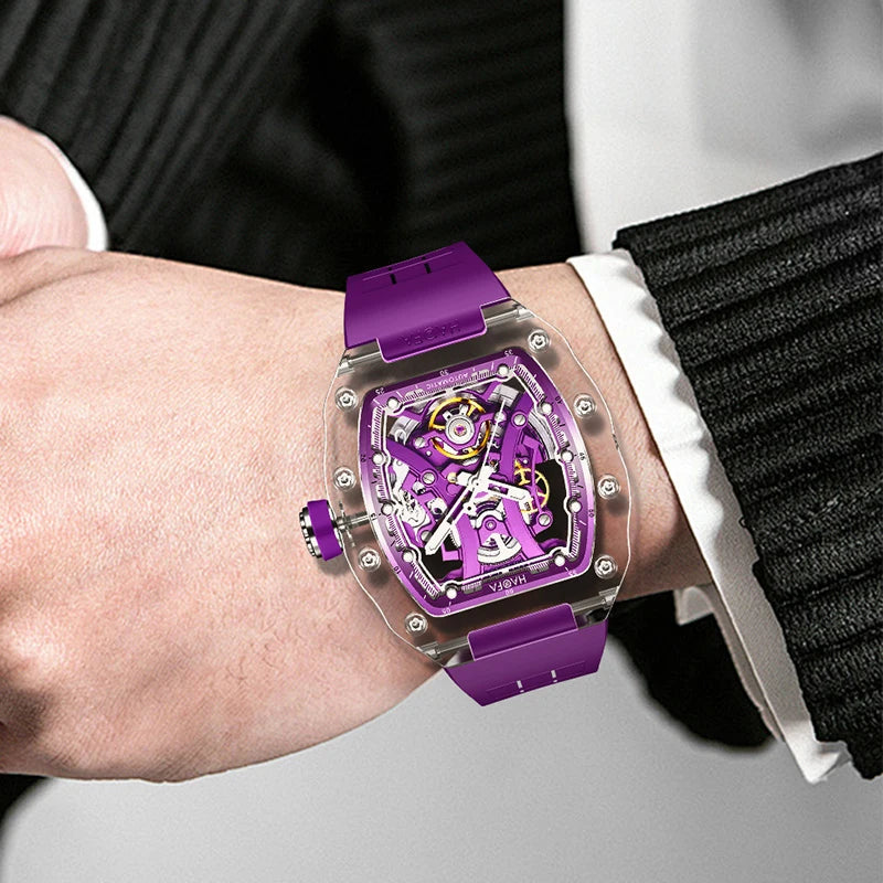 Haofa Crystal Luxury Transparent Automatic Mechanical Watch Unique Dial Skeleton Movement Wristwatch Luminous Watch for Men 2326