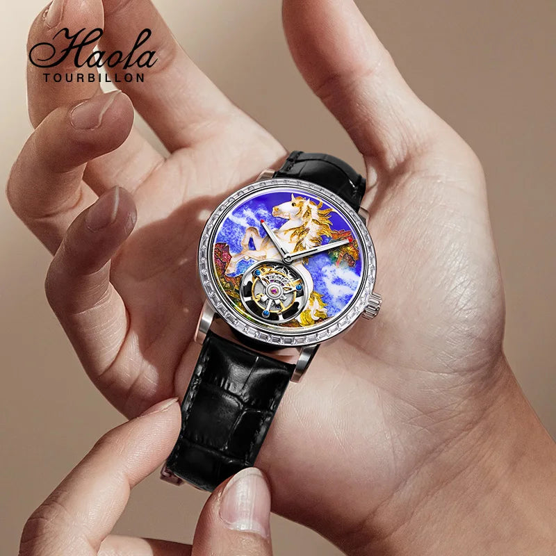 Hoafa Flying Tourbillon Mechanical Men Watch Intangible Heritage Enamel Oriental Colored Zircon Bezel Designer Luxury Watch 2261