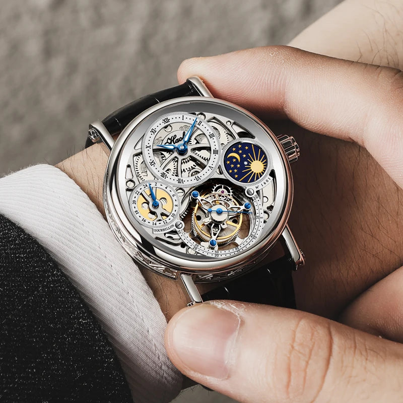 Haofa Skeleton Tourbillon Watch Man Mechanical Hollow Luminous Day and Night Painted Arabic Numerals Carve Luxury Leather 1601