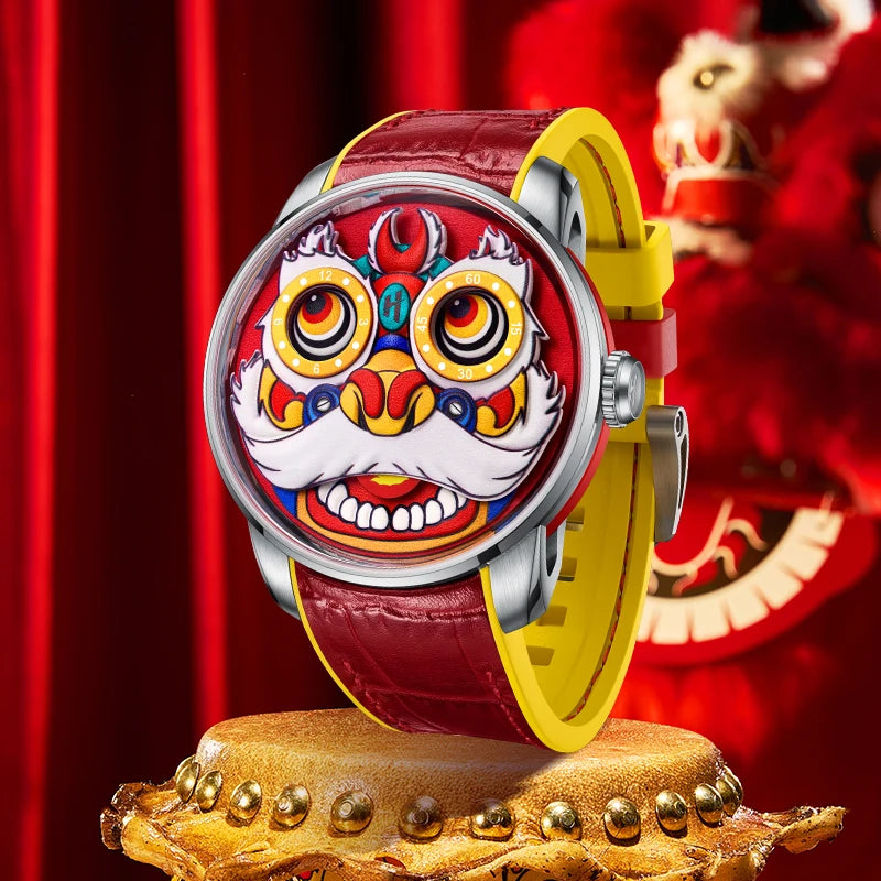 Automatic Mechanical Watches for Men Chinese Traditional Lion Dial Sapphire Waterproof Luminous Cartoon Wristwatch
