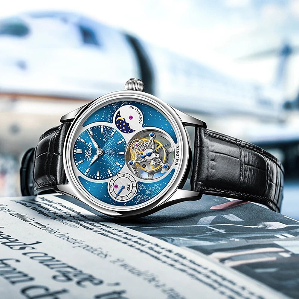 Haofa Flying Tourbillon Mechanical Men'S Watch Starry Day and Night GMT 316 Stainless Steel Leather Strap 19 Diamonds Watch 0618