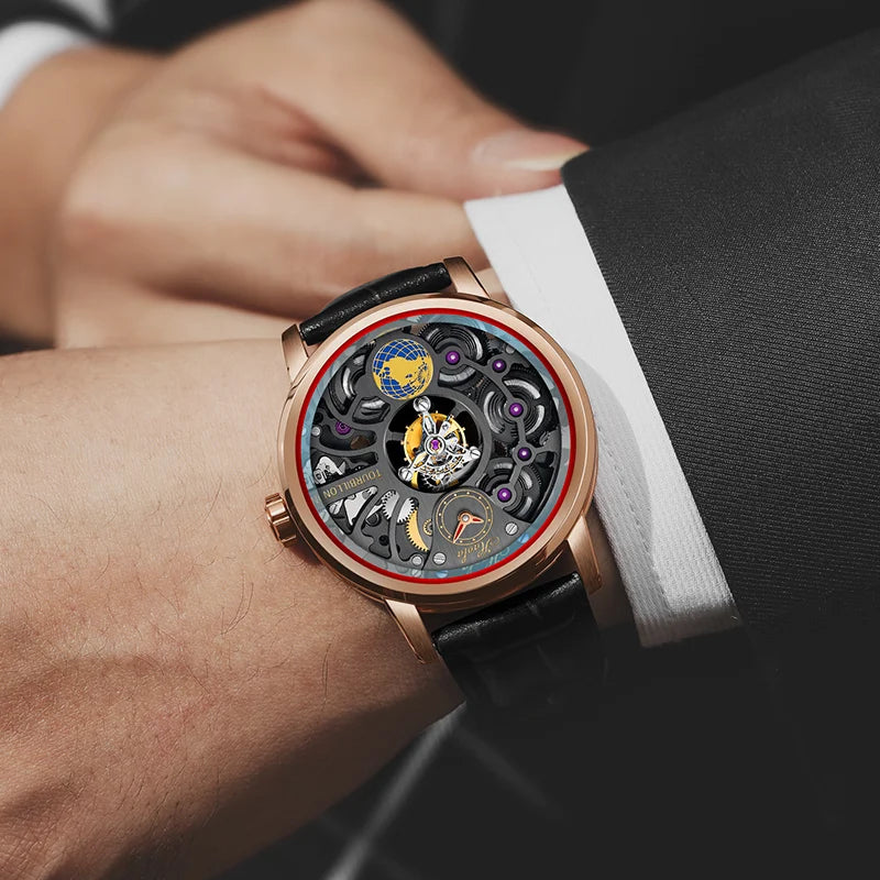 Haofa Men'S Watch Skeleton Tourbillon Rotating Earth 316 Stainless Steel Alligator Leathe Four-Spring Drive 120 Hours Power 1938
