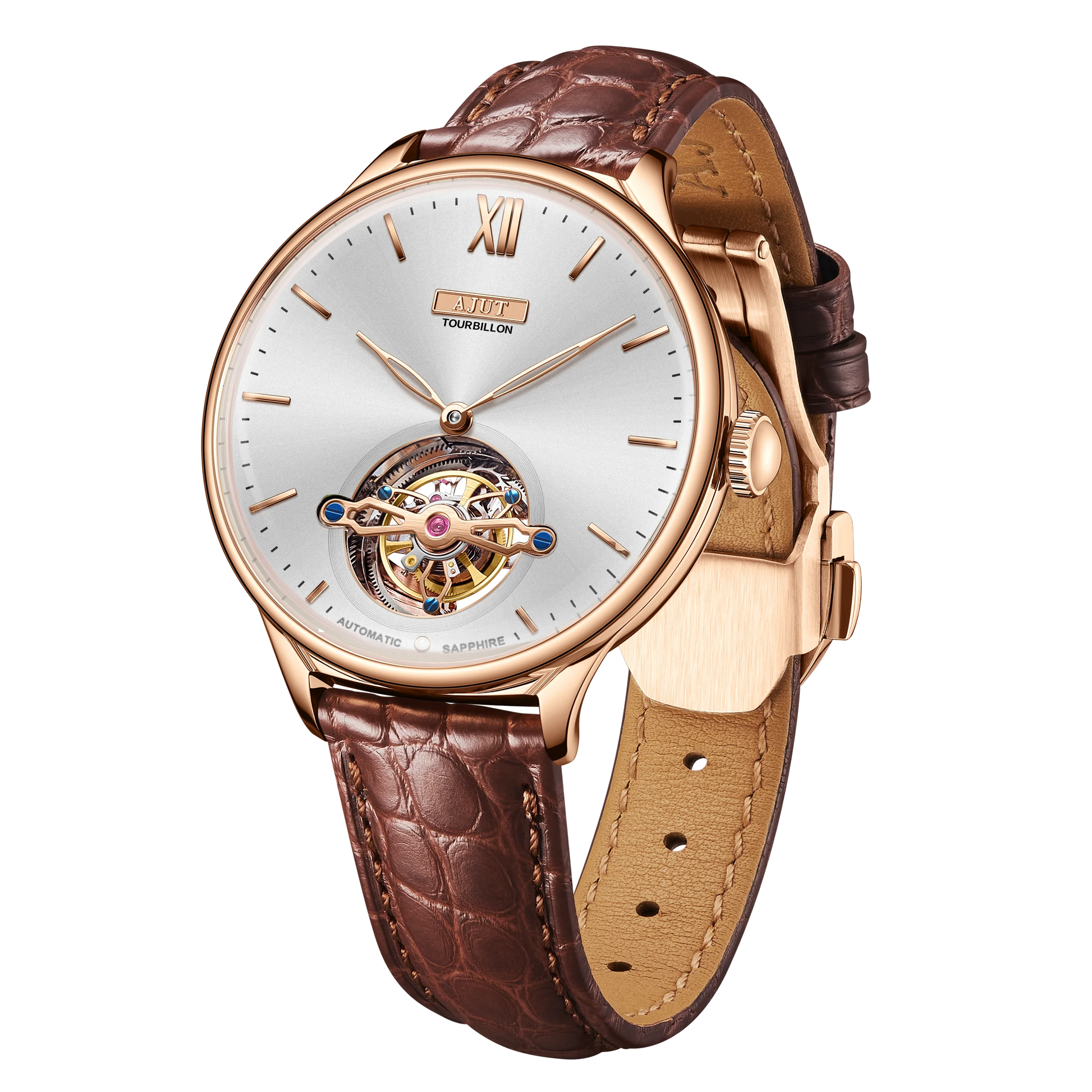 Men'S Wristwatch Automatic Winding Tourbillon Mechanical Sun Pattern and Enamel Surface Stainless Steel Waterproof TAM0345