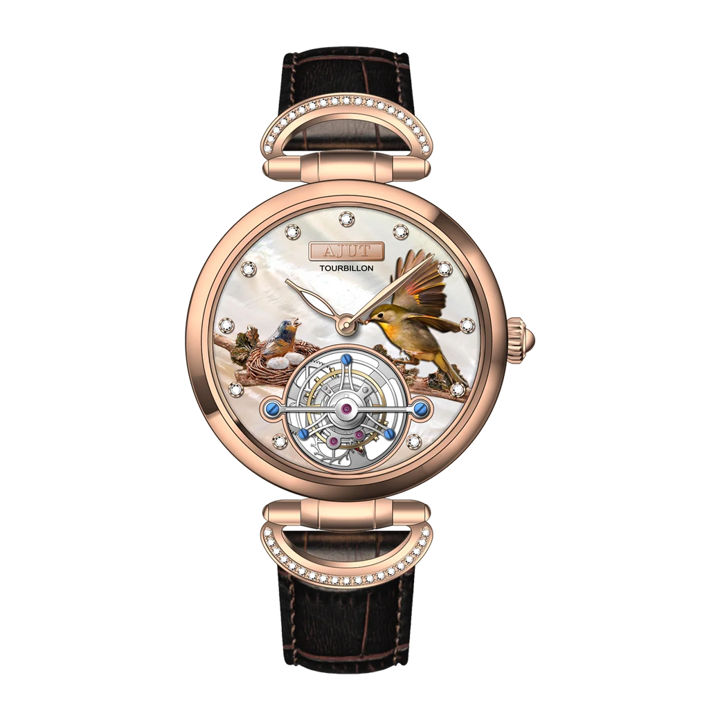 Men's Luxury Tourbillon Mechanical Watch with Embossed Bird's Nest Design and Real Diamond Inlays on Italian Leather Strap