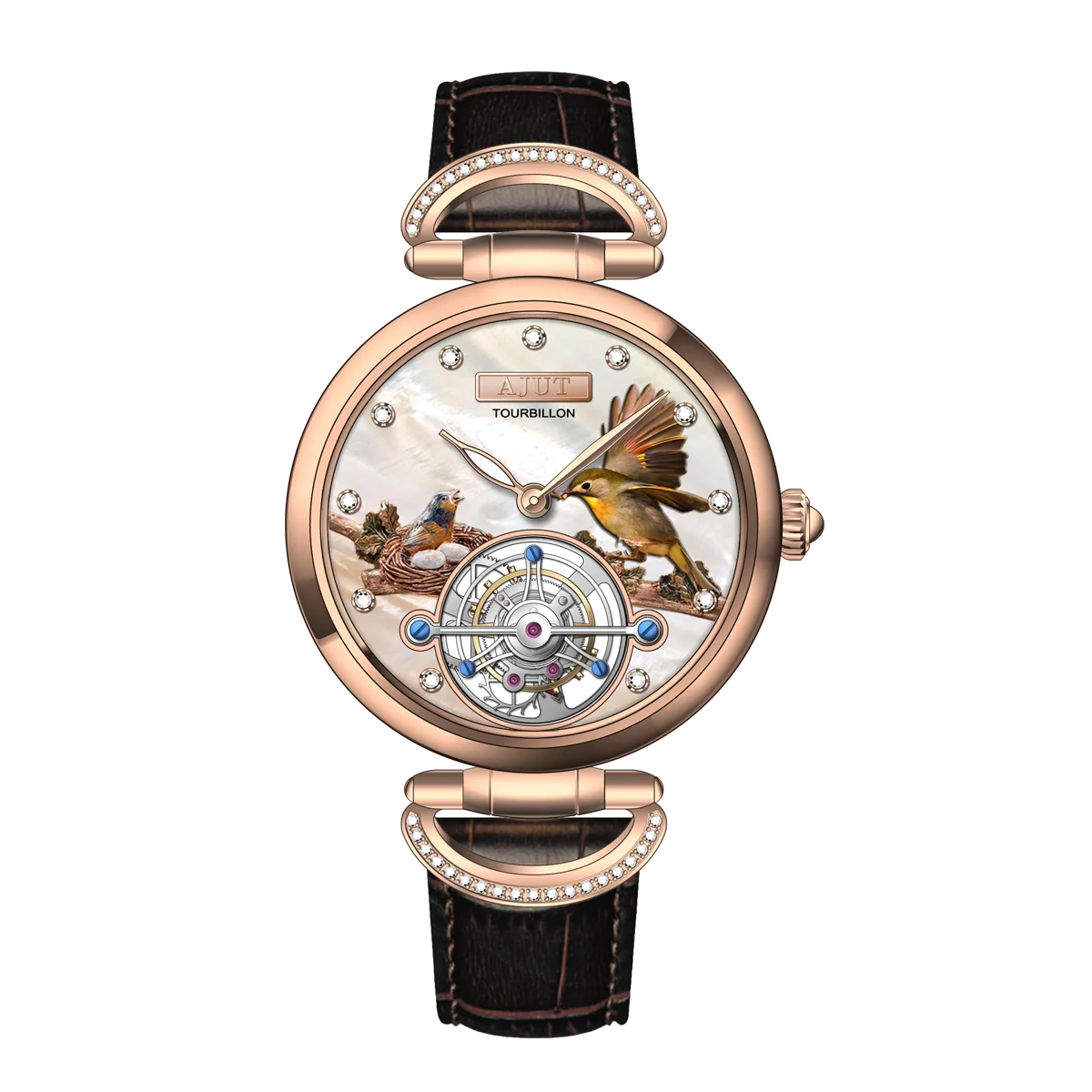 Men's Luxury Tourbillon Mechanical Watch with Embossed Bird's Nest Design and Real Diamond Inlays on Italian Leather Strap
