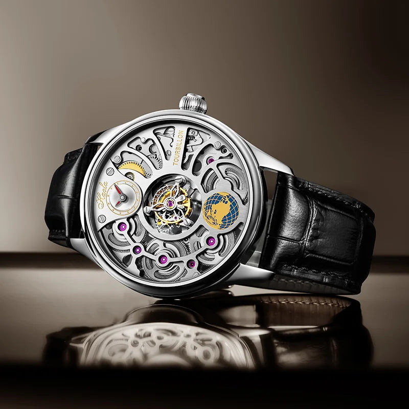 Haofa Tourbillon Mechanical Watches for Men Skeleton Center Rotating Power Earth Four Spring Drive Sapphire Crystal Mirror 1037