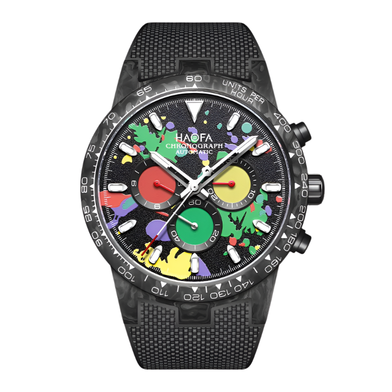 Haofa Chronograph Watch Automatic Mechanical Movement Watches for Men Carbon Fiber Case 50 Hours Power Reserve Rubber Strap 2366