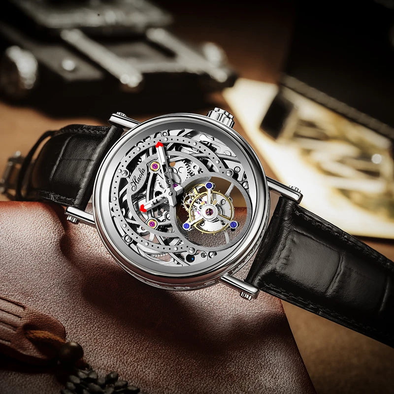 Haofa Manual Winding 3D Hollow Engraving Movement Flying Tourbillon Mechanical Watch Waterproof Elegant Leather Men'S Watch 1603