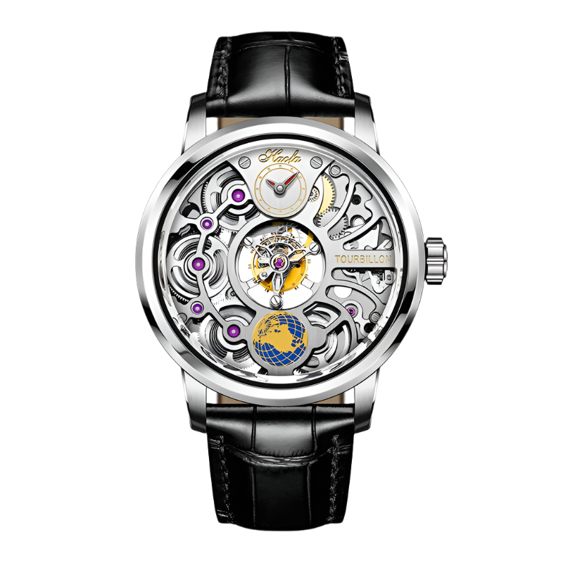 Haofa Men'S Watch Skeleton Tourbillon Rotating Earth 316 Stainless Steel Alligator Leathe Four-Spring Drive 120 Hours Power 1938