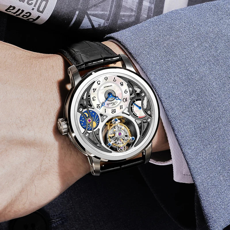 Haofa GMT Tourbillon Movement Watch Men Starry Sky Function Hollow Mechanical Watch for Men Business Mother of Pearl Dial 1939