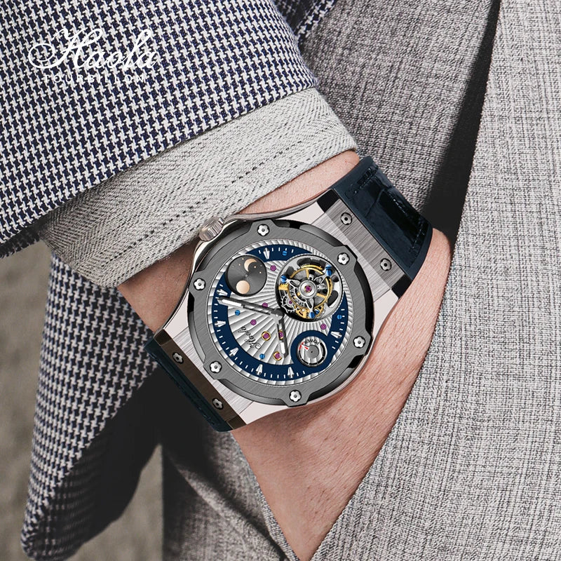 Haofa Mechanical Wristwatch Flying Tourbillon Day and Night Power Dial Sapphire Manual Business Waterproof Watch Luxury Men 1915