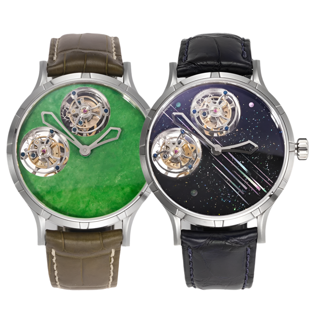 Luxury Double Tourbillon Men'S Watches 45Mm Lacquer Mother-Of-Pearl Gemstone Dial Shanghai Customized Carved Movement