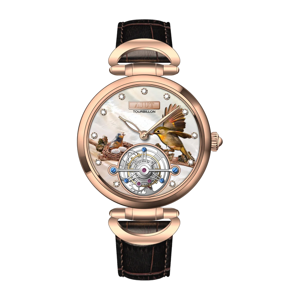 Men's Luxury Tourbillon Mechanical Watch with Embossed Bird's Nest Design and Real Diamond Inlays on Italian Leather Strap