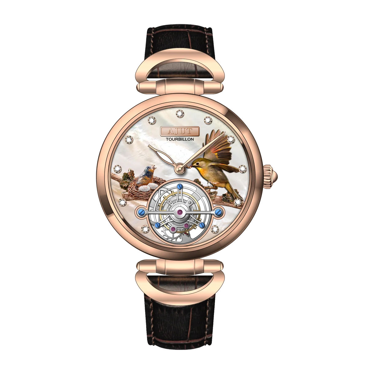 Men's Luxury Tourbillon Mechanical Watch with Embossed Bird's Nest Design and Real Diamond Inlays on Italian Leather Strap