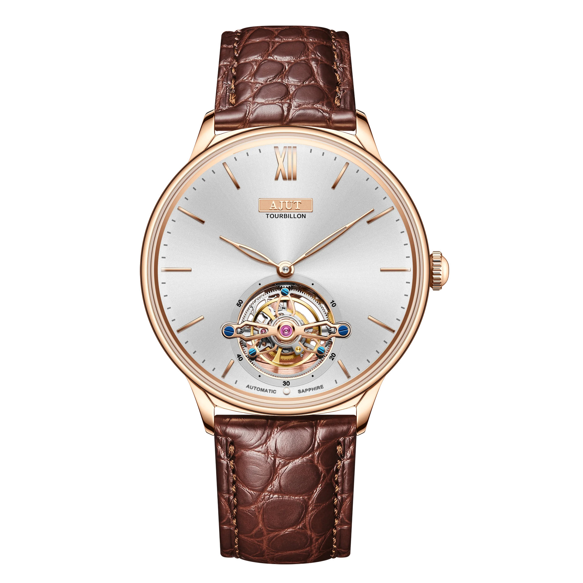 Men'S Wristwatch Automatic Winding Tourbillon Mechanical Sun Pattern and Enamel Surface Stainless Steel Waterproof TAM0345