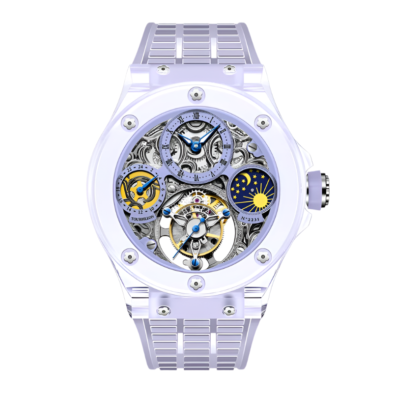 Haofa Crystal Watch for Men Tourbillon Mechanical Colorful Hollow Straight in Skeleton Painted Roman Numerals Day and Night 2231