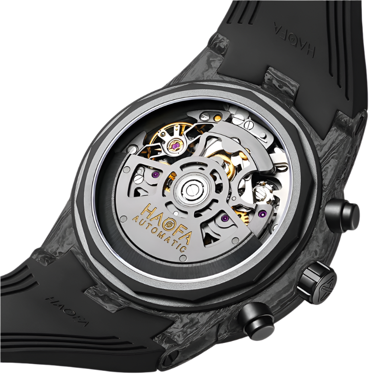 Haofa Chronograph Watch Automatic Mechanical Movement Watches for Men Carbon Fiber Case 50 Hours Power Reserve Rubber Strap 2366