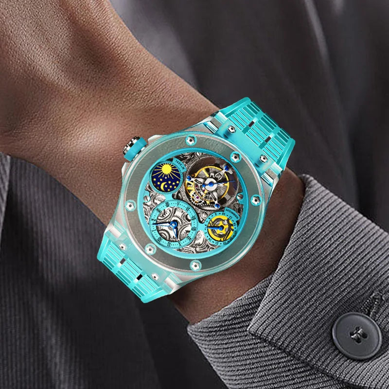 Haofa Crystal Watch for Men Tourbillon Mechanical Colorful Hollow Straight in Skeleton Painted Roman Numerals Day and Night 2231