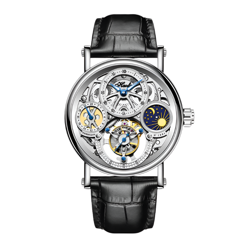 Haofa Skeleton Tourbillon Watch Man Mechanical Hollow Luminous Day and Night Painted Arabic Numerals Carve Luxury Leather 1601
