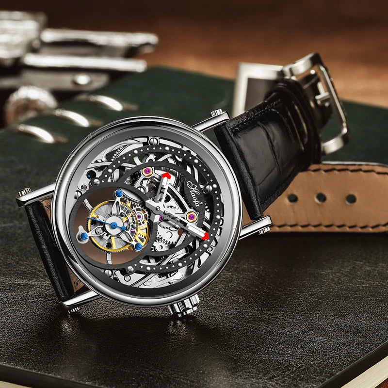 Haofa Manual Winding 3D Hollow Engraving Movement Flying Tourbillon Mechanical Watch Waterproof Elegant Leather Men'S Watch 1603