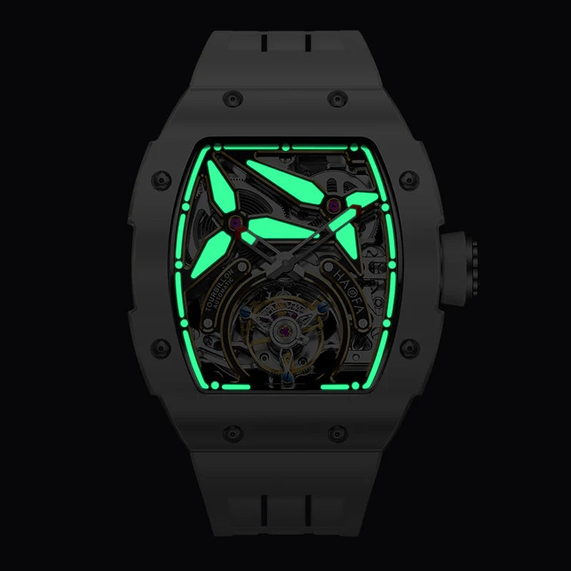 Haofa Men Watch Automatic Movement Mechanical Tourbillon Luminous Skeleton Ceramics Rubber 72H Power Luxury Men‘S Watches 1901-2