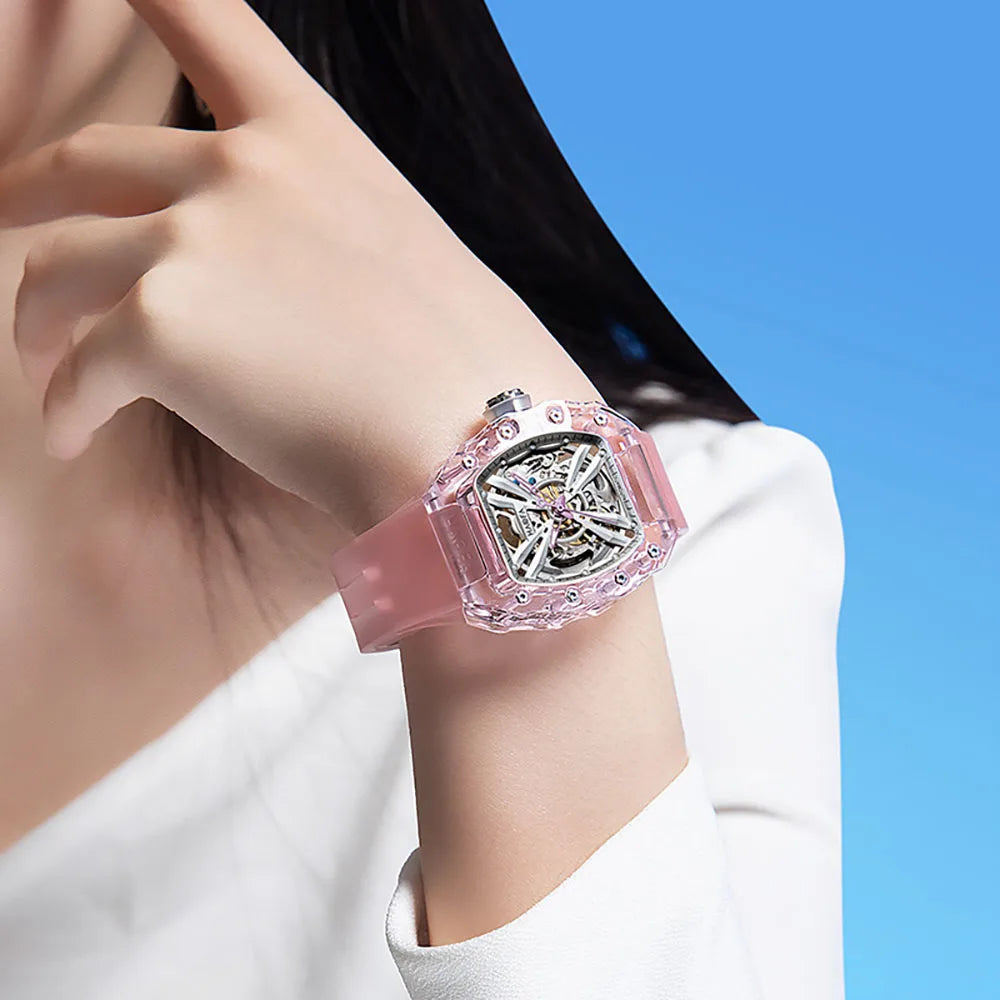 Haofa Ladies Crystal Transparent Automatic Movement Mechanical Watches Woman Skeleton Barrel Luminous Multiple Colors Brand 2302