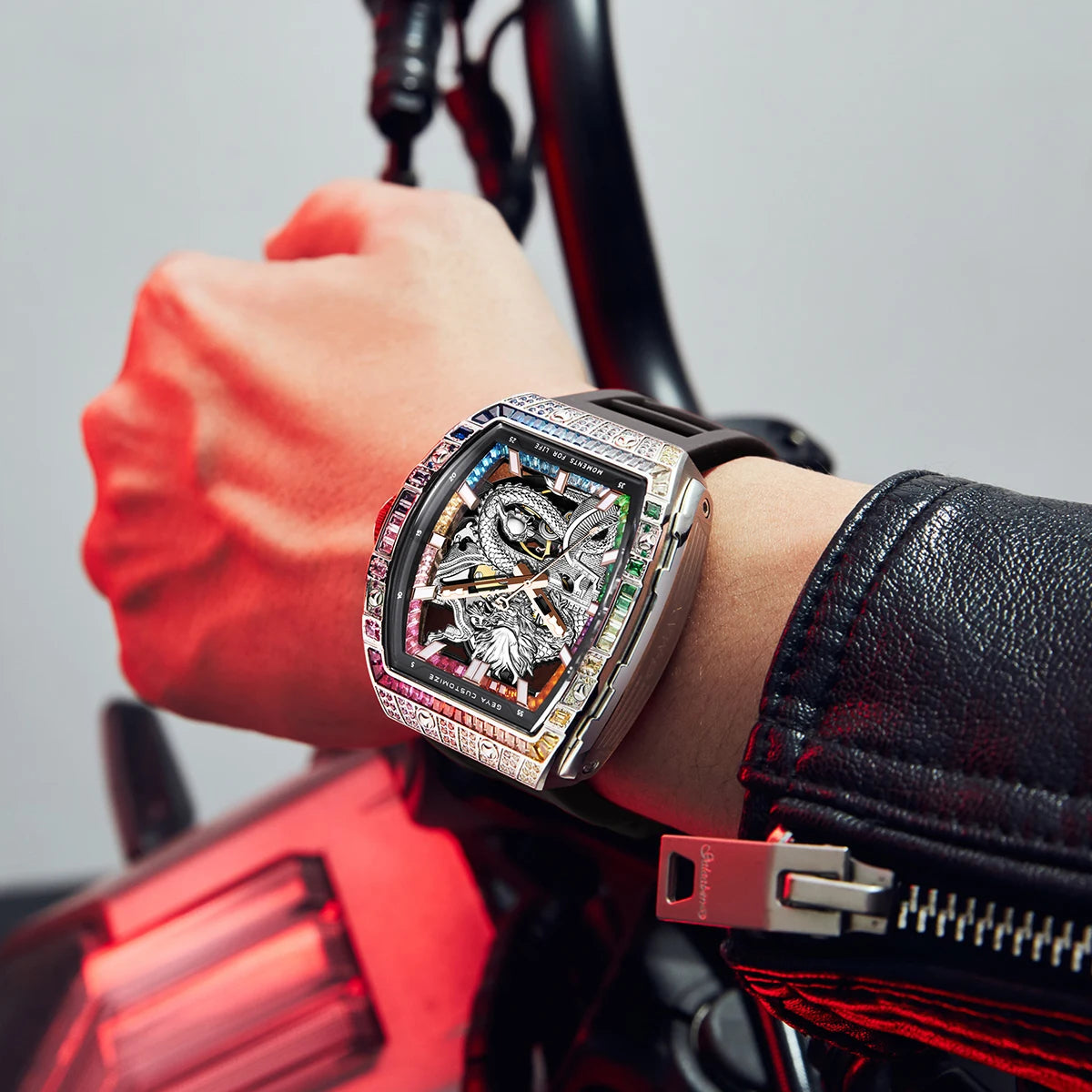 78175 Dragon Automatic Mechanical Men’S Watch, Skeleton Dial with Multi-Color Diamonds Tonneau Chinese Loong Analog Watches