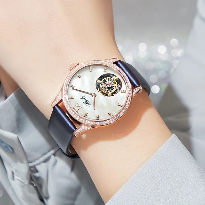 Haofa Women'S Manual Flying Tourbillon Mechanical Watch Luxury Limited Edition Sapphire Diamond Bezel Ladies Watch Elegant 1809