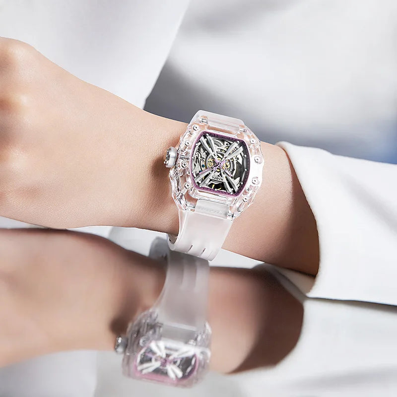 Haofa Ladies Crystal Transparent Automatic Movement Mechanical Watches Woman Skeleton Barrel Luminous Multiple Colors Brand 2302