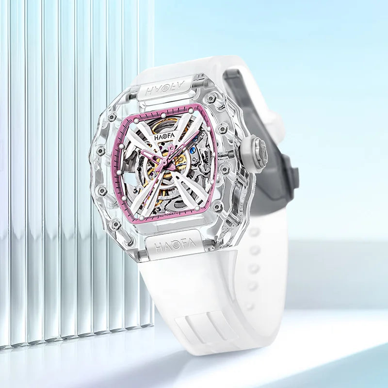 Haofa Ladies Crystal Transparent Automatic Movement Mechanical Watches Woman Skeleton Barrel Luminous Multiple Colors Brand 2302