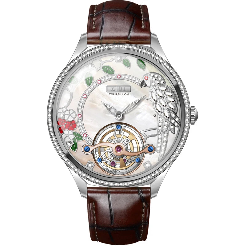 Ladies Automatic Tourbillon Mechanical Watch Embossed Diamond Parrot Pearl Mother-Of-Pearl Luxury Sapphire Skeleton TAL0340