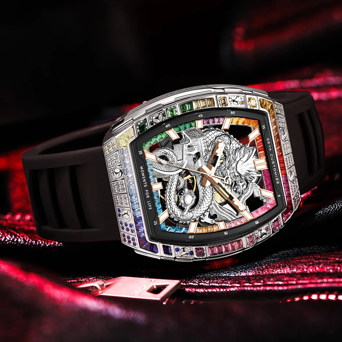 78175 Dragon Automatic Mechanical Men’S Watch, Skeleton Dial with Multi-Color Diamonds Tonneau Chinese Loong Analog Watches