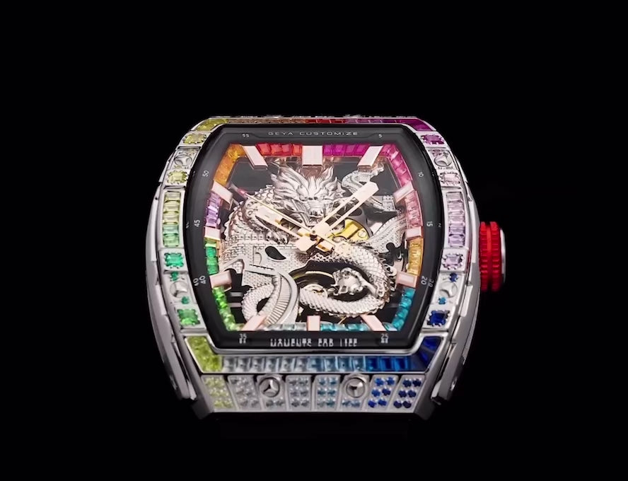 Luxury Tonneau Dragon Watch for Men – 78175 Model with Skeleton Dial & Multi-Coloured Diamond Accents